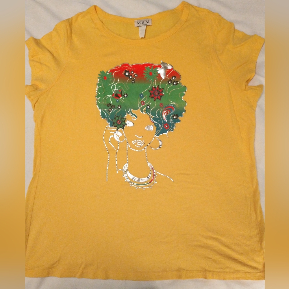 MKM Designs Women's Shirt Size 2X Yellow Afro Boho Flower Girl Silver Lining Top